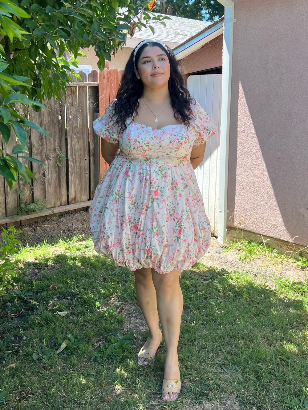 Floral Puff-Sleeve Bubble Dress in Light Pink